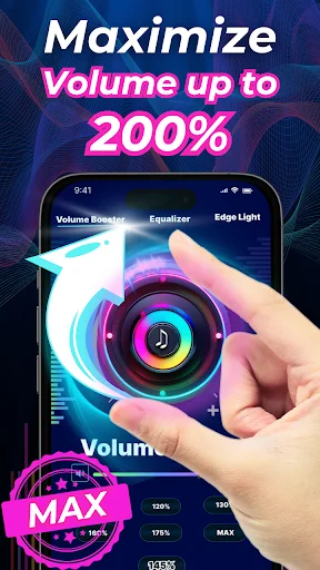 Hand holding smartphone displaying circular volume booster dial with 200% max volume increase feature, colorful gradient interface with Volume Booster, Equalizer, and Edge Light tabs