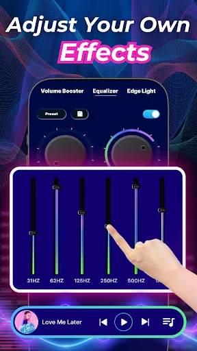 Equalizer effect adjustment screen showing frequency control sliders from 31Hz to 500Hz with toggle switches for sound customization in Volume Booster app