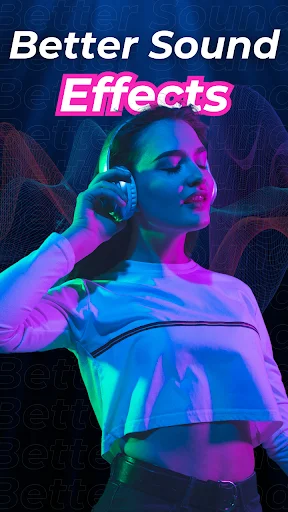 Woman wearing headphones against neon blue and pink gradient background illustrating enhanced sound quality and audio effects from volume boosting