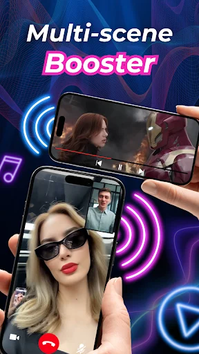Multiple smartphone screens showing video call, video playback, and incoming call scenarios demonstrating Volume Booster's multi-app support across different usage scenes