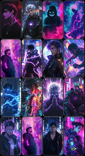 Neon cyberpunk male character wallpapers collection with pink, purple, and blue vibrant lighting effects