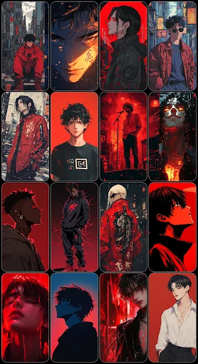 Male character wallpapers with dramatic red neon and intense fire-themed aesthetic effects