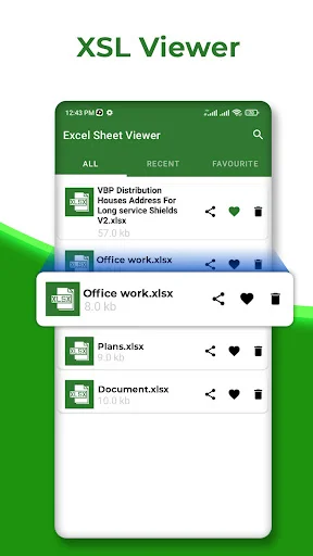 XLS Viewer app home screen showing Excel XLSX file browser with view, favorite, and delete options