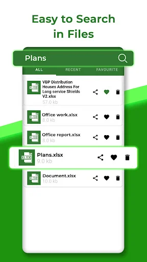 XLSX file search interface with search bar filtering documents by filename for quick access