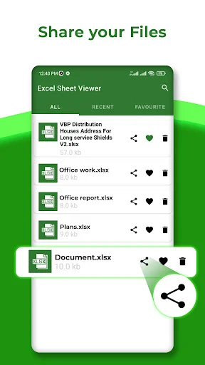 Excel file sharing interface displaying spreadsheet list with share buttons for exporting documents