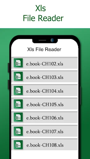 Xls File Reader app displaying browsable list of Excel .xls spreadsheet files