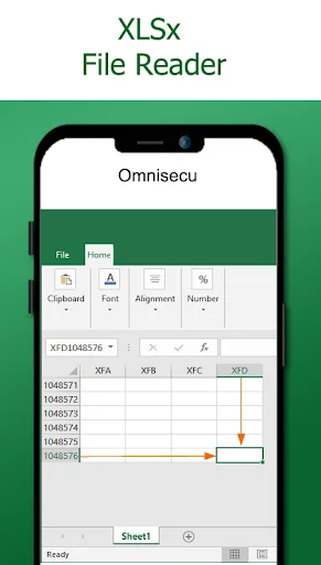 Xlsx File Reader showing open spreadsheet with toolbar, data grid, and sheet tabs