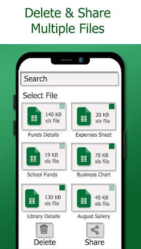 Excel file manager displaying selectable files with delete and share action options