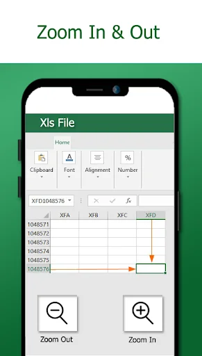Spreadsheet viewer with zoom in and zoom out controls for adjusting view magnification