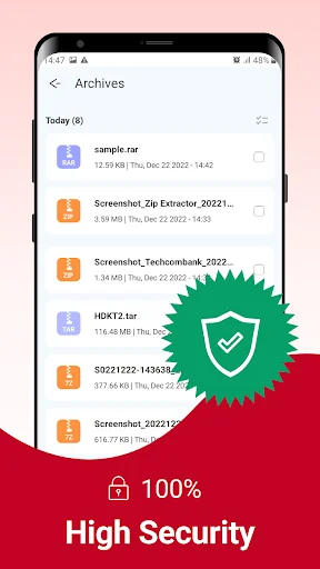 Archives file list with 100% high security badge and protection