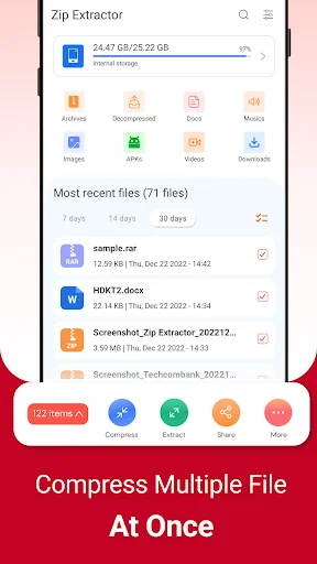 Zip Extractor interface with file list compress and extract functions