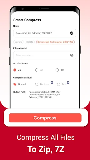 Smart Compress with ZIP 7z TAR format options and compression level
