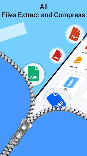 App hero showing file icons (PDF, APK, ZIP) emerging from zipper highlighting extract and compress all file functionality