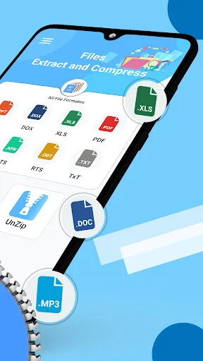 Smartphone displaying Zip File Reader app with grid of supported file formats including DOC, XLS, PDF and MP3 file icons