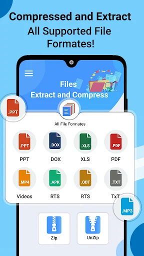 App interface showing all supported file formats with icons for PPT, DOX, XLS, PDF, MP3, APK, ZIP and UNZIP file tools
