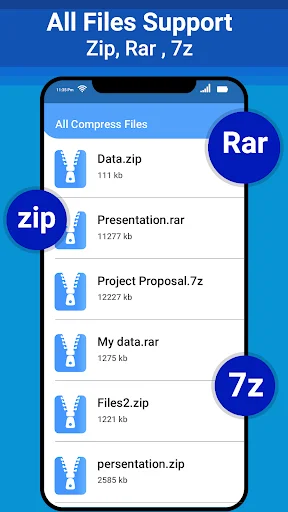 Compressed files list showing ZIP, RAR and 7Z formats with file names and sizes for easy extraction and management