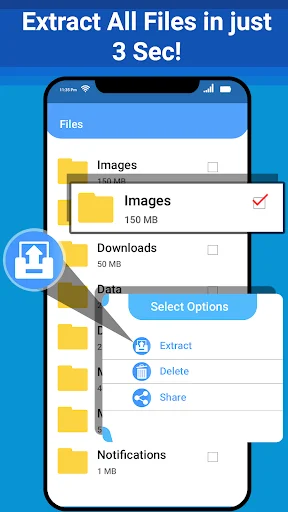 File extraction menu showing 'Extract All in 3 Sec' with Delete and Share action options for quick file management