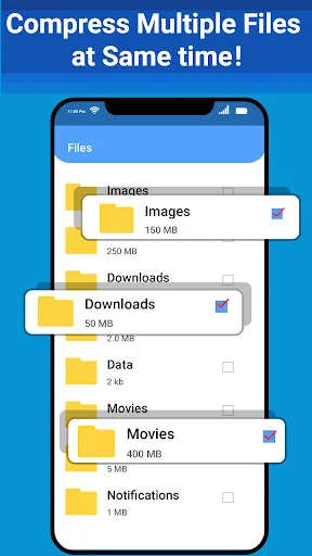 File selection interface with checked folders showing 'Compress Multiple Files at Same time' batch compression feature