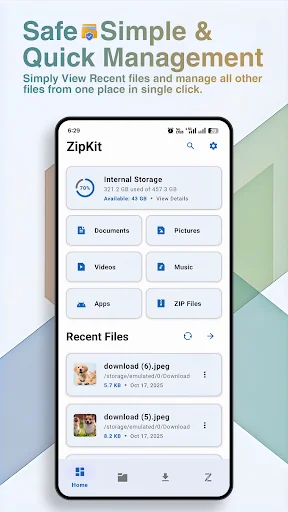 ZipKit file manager home screen with storage display, file categories, and recent files section