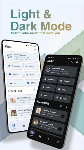 ZipKit file manager displaying Light and Dark mode themes side-by-side, featuring category tiles and recent downloaded files in both interface color options