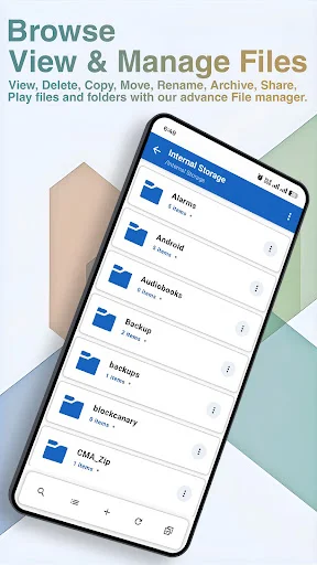 ZipKit file browser showing Internal Storage with folder list including Admin, Alarms, AudioBooks, Backups, Images, and Music directories with file counts and options menu