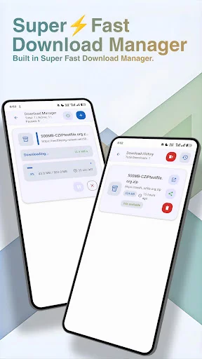 ZipKit Download Manager interface displaying active downloads and completed download files with progress tracking and management controls across two phone screens