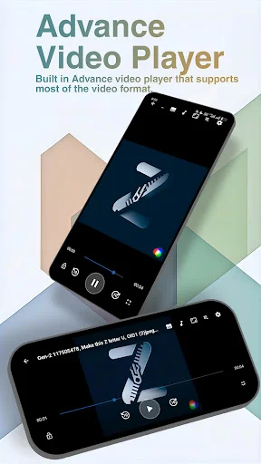 ZipKit Advance Video Player showing video playback interface with play controls, progress bar, volume control, and various playback options for supported video formats
