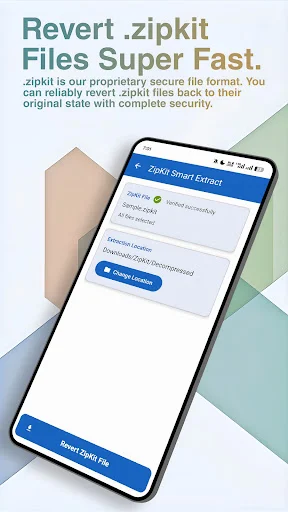 ZipKit Smart Extract interface for reverting .zipkit files with extraction process showing file details, status indicators, and quick extract button for fast file recovery