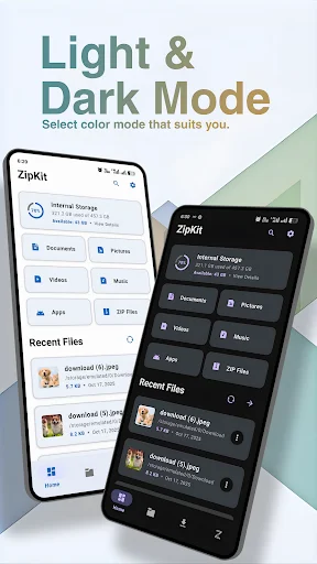 ZipKit interface in light and dark mode showing file management and browsing options