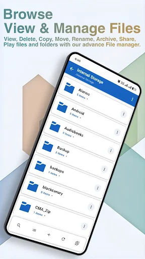 ZipKit file browser displaying folder list with file sizes and storage management features
