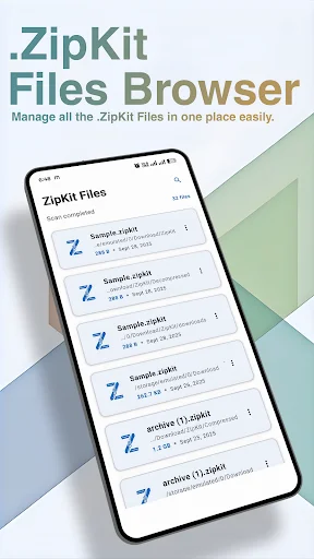ZipKit files browser showing .zipkit archive files, file sizes, and date information
