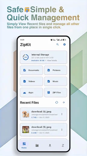 ZipKit main interface showing organized file categories including Documents, Pictures, Videos, Music, Apps, ZIP Files, with Internal Storage details and Recent Files section for quick file management